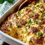 Cheesy Chicken and Rice Casserole with melted cheese and vegetables