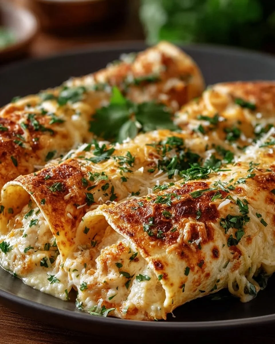 Cheesy chicken garlic wraps served on a plate with fresh ingredients.