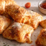 Cheesy pepperoni pockets served on a plate with marinara sauce