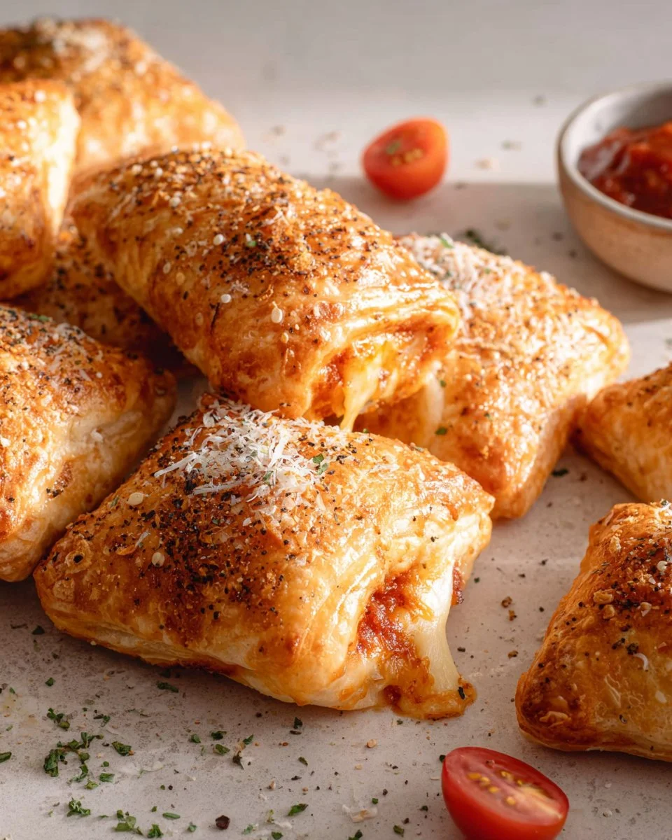 Cheesy pepperoni pockets served on a plate with marinara sauce