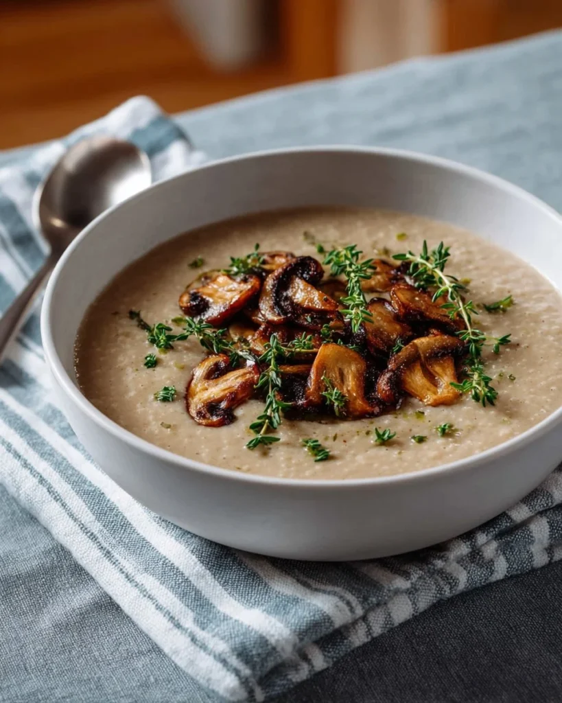 Bowl of Chef John's creamy mushroom soup topped with fresh herbs