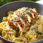 Creamy Chicken Alfredo pasta topped with parsley