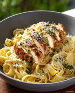 Creamy Chicken Alfredo pasta topped with parsley