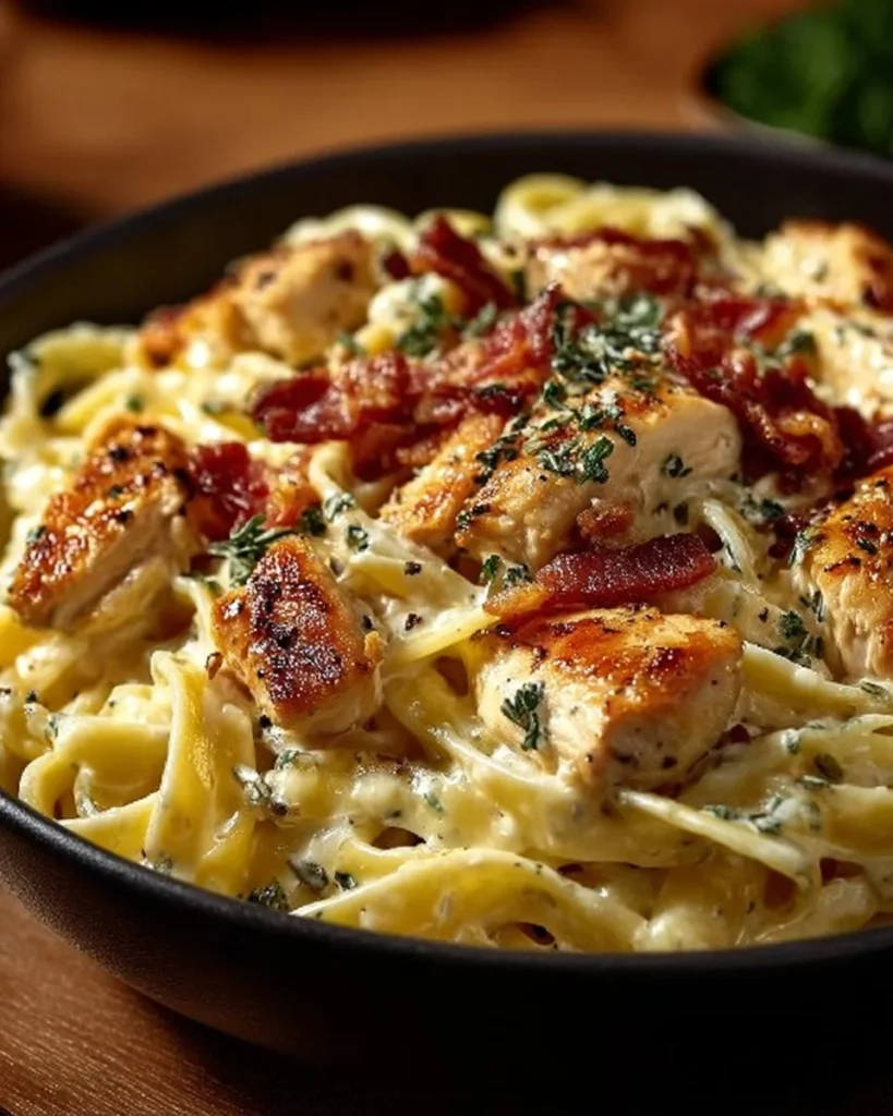 Delicious Chicken Bacon Ranch Pasta with creamy sauce, bacon, and chicken