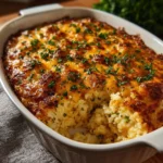 Delicious Chicken Rice Casserole served in a baking dish with a golden topping.