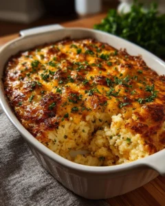 Delicious Chicken Rice Casserole served in a baking dish with a golden topping.