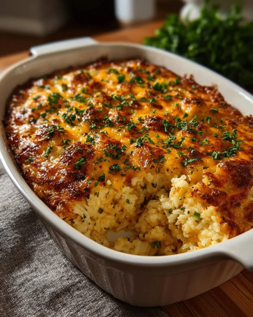 Delicious Chicken Rice Casserole served in a baking dish with a golden topping.