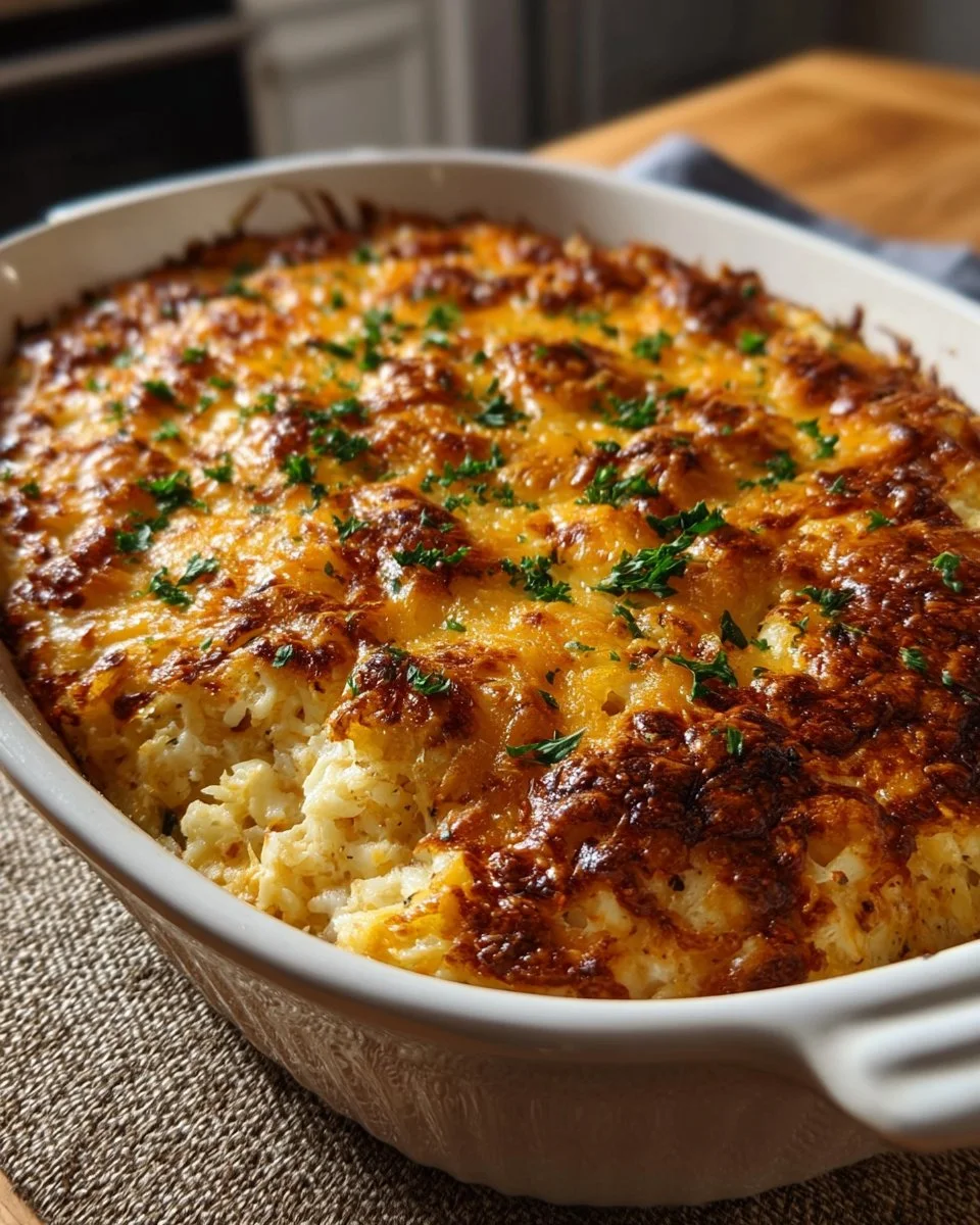 Baked Chicken Rice Casserole topped with cheese and herbs