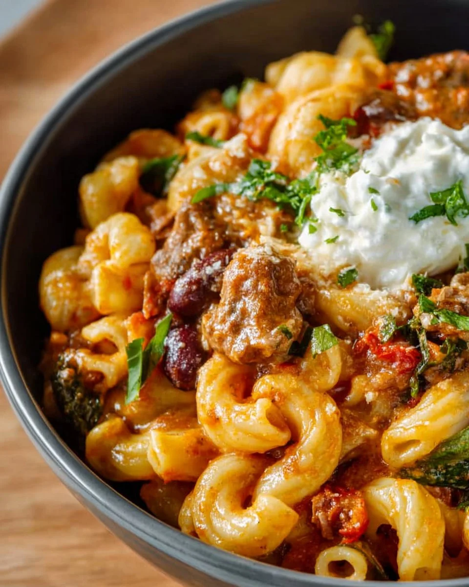 Delicious Chili Mac and Cheese served in a bowl with toppings