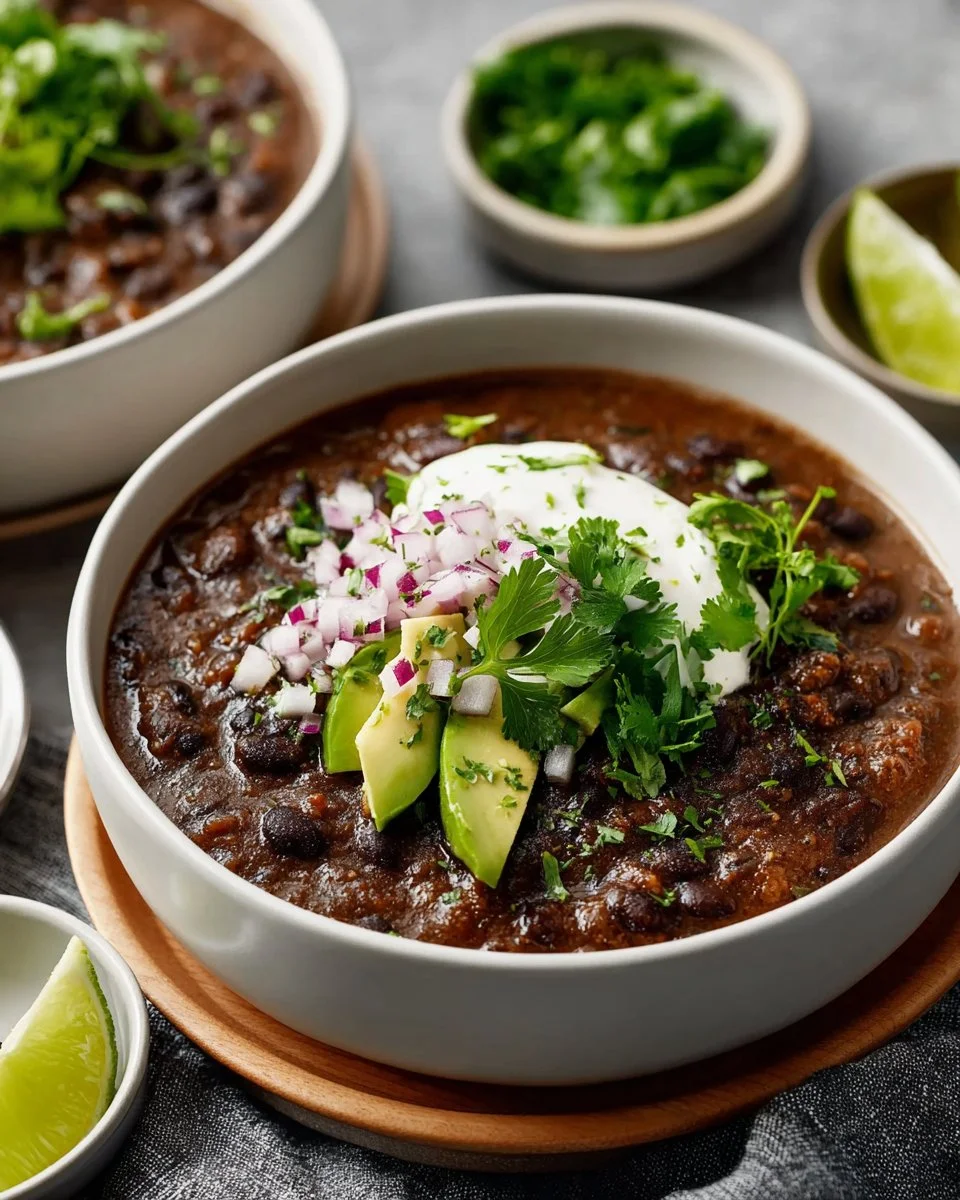 A bowl of classic black bean soup garnished with cilantro and lime.