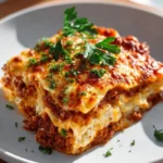 Delicious classic meat lasagna with layers of pasta, meat, and cheese