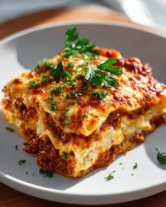 Delicious classic meat lasagna with layers of pasta, meat, and cheese