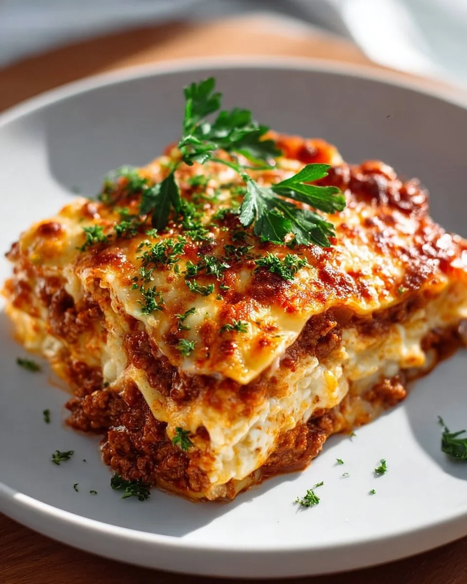 Delicious classic meat lasagna with layers of pasta, meat, and cheese