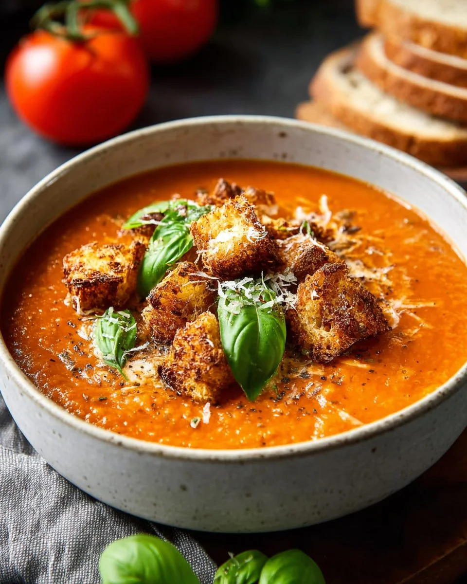 Bowl of Classic Tomato Basil Soup garnished with fresh basil leaves