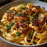 Cowboy Butter Chicken Linguine garnished with fresh herbs and spices