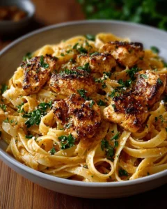 Cowboy Butter Chicken Linguine garnished with fresh herbs and spices