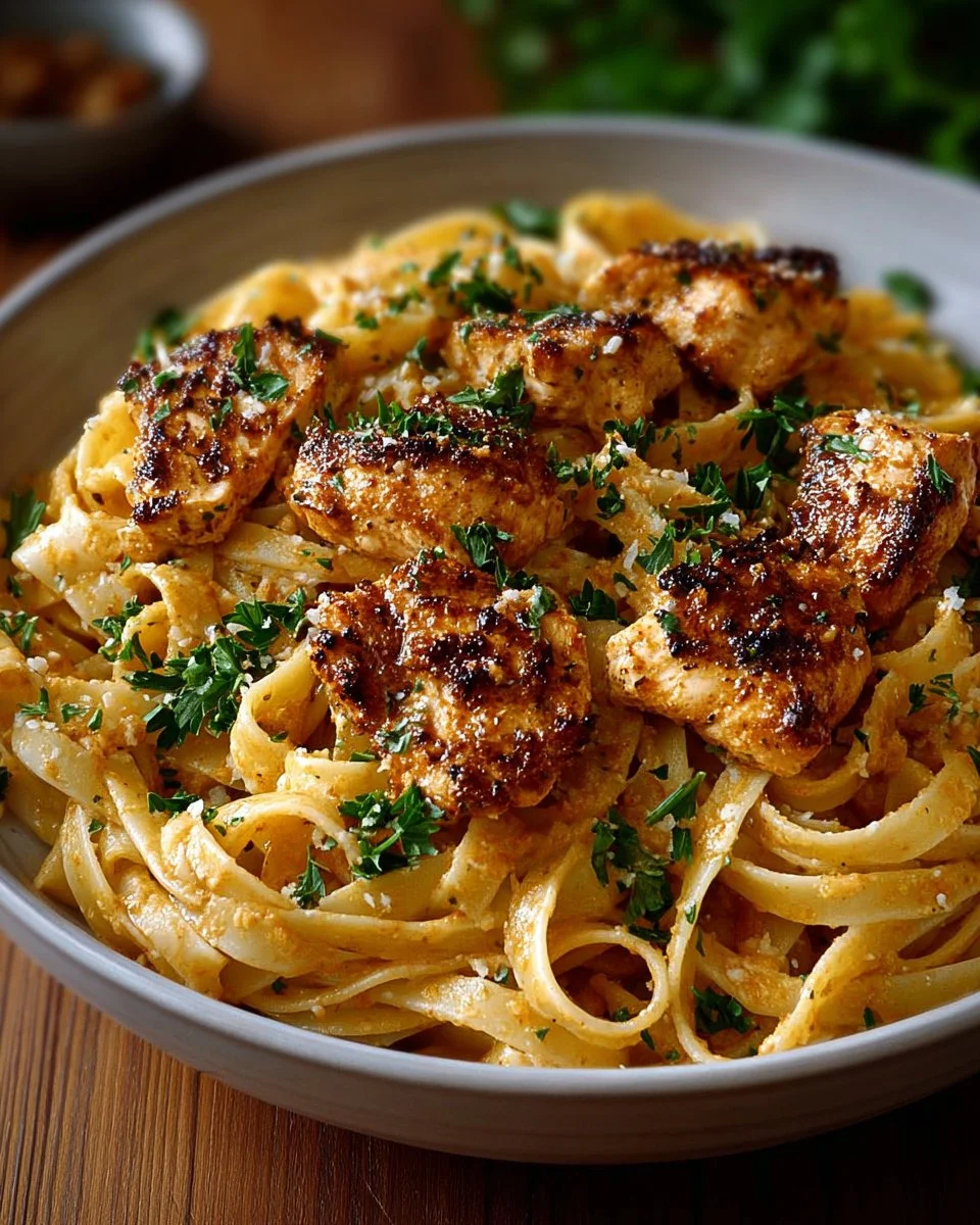 Cowboy Butter Chicken Linguine garnished with fresh herbs and spices