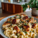 Creamy chicken mac and cheese dish served with a sprinkle of herbs