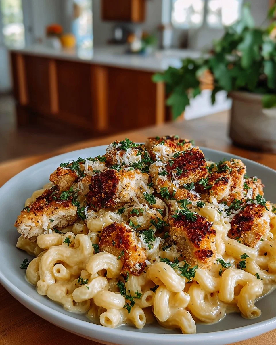 Creamy chicken mac and cheese dish served with a sprinkle of herbs