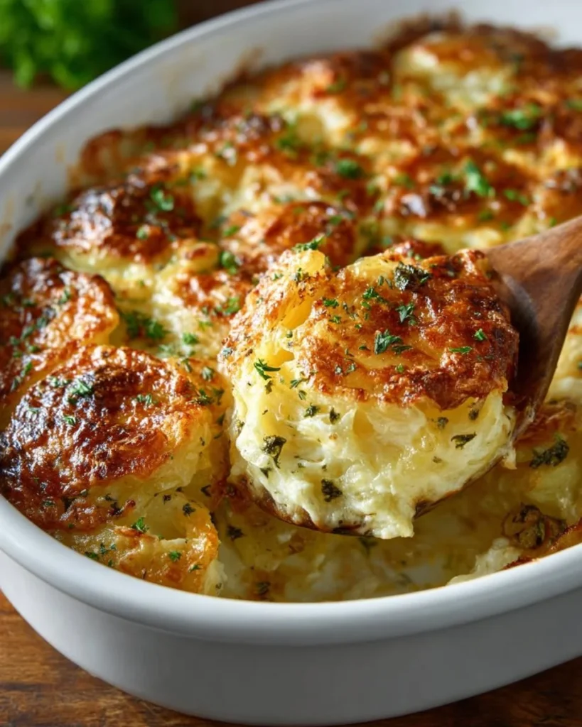 Creamy gratin potatoes baked to perfection with a golden cheese topping