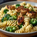Creamy pasta dish with rotisserie chicken and broccoli