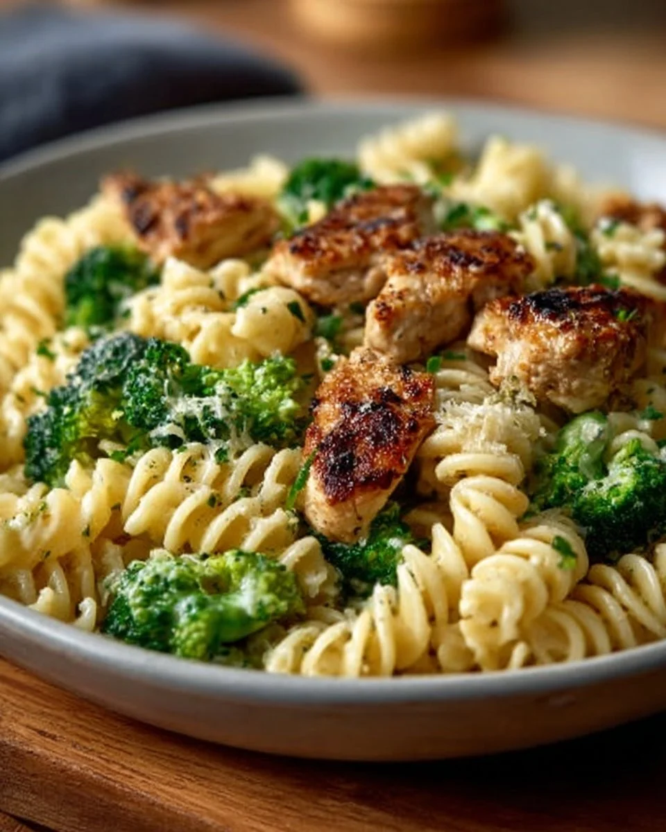 Creamy pasta dish with rotisserie chicken and broccoli