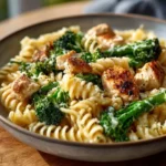 Creamy Rotisserie Chicken Broccoli Pasta served in a bowl with fresh herbs