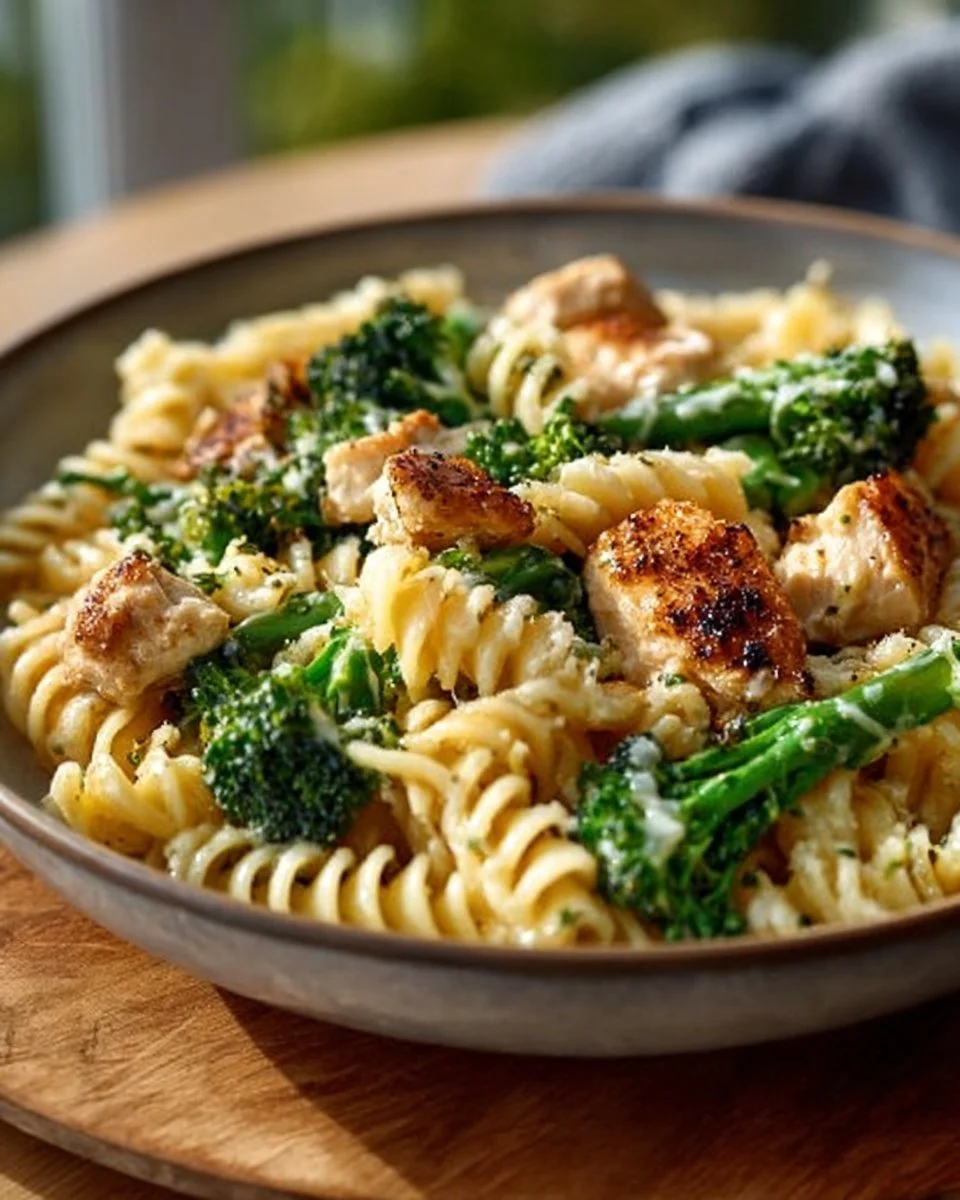 Creamy Rotisserie Chicken Broccoli Pasta served in a bowl with fresh herbs