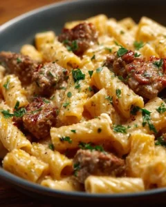 Creamy sausage rigatoni topped with herbs and cheese in a bowl
