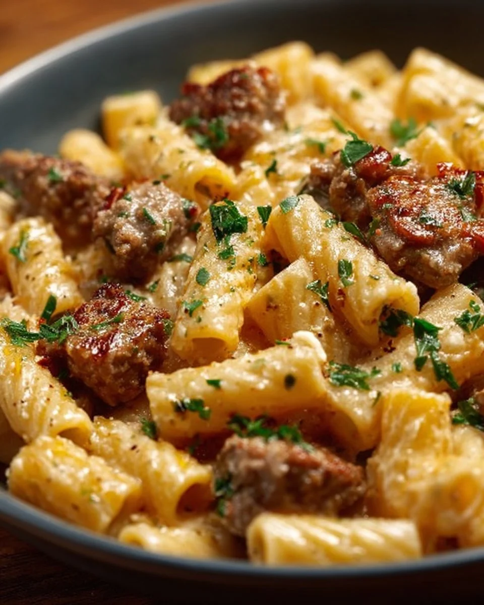 Creamy sausage rigatoni topped with herbs and cheese in a bowl