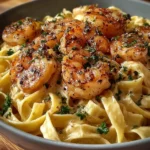 Creamy shrimp fettuccine pasta garnished with herbs and served in a bowl