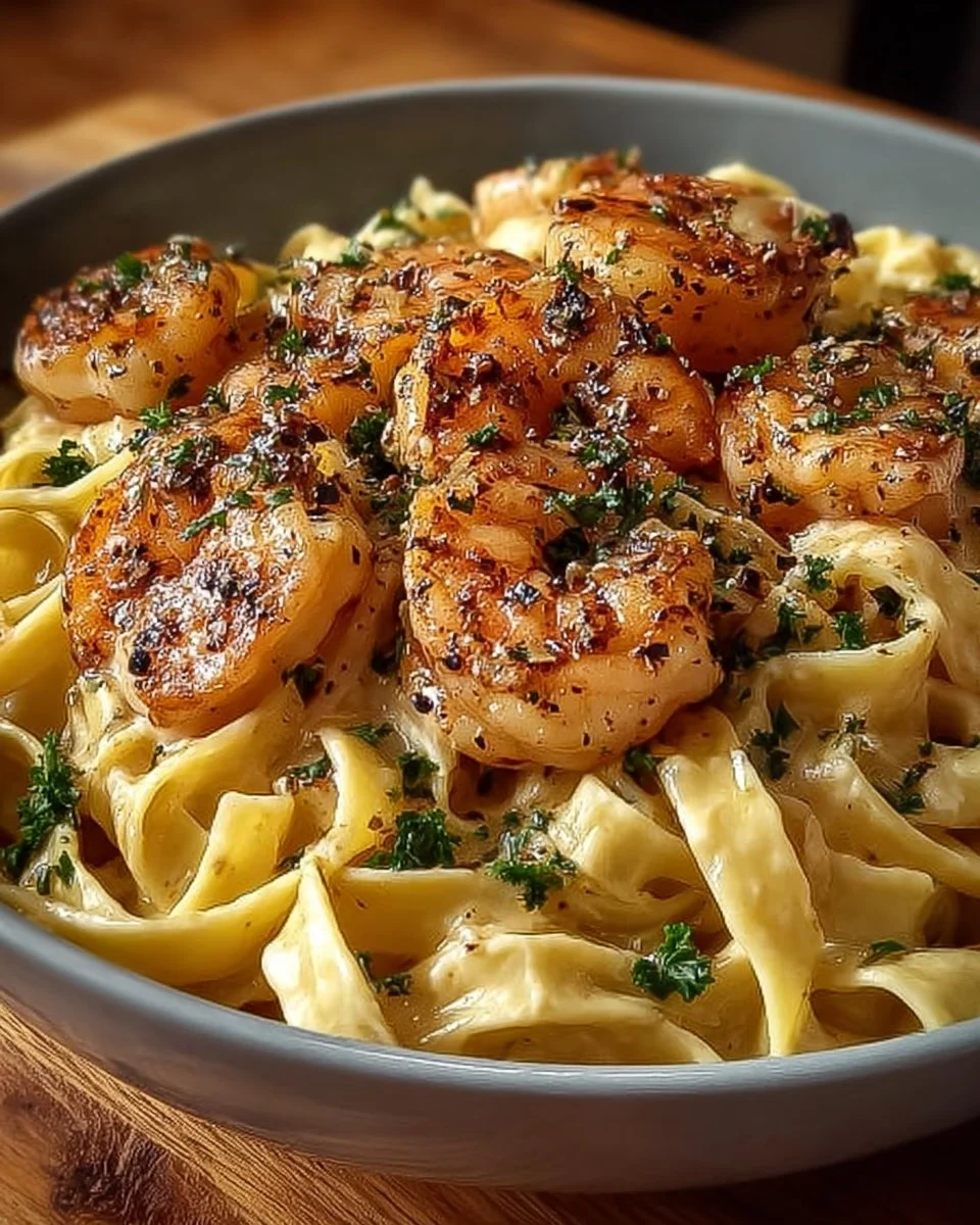 Creamy shrimp fettuccine pasta garnished with herbs and served in a bowl