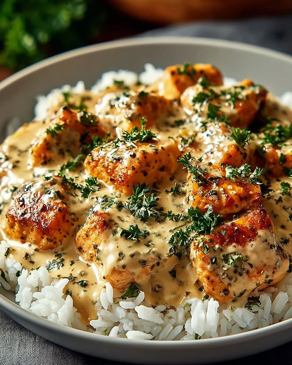 Creamy smothered chicken served with rice and garnished with herbs.