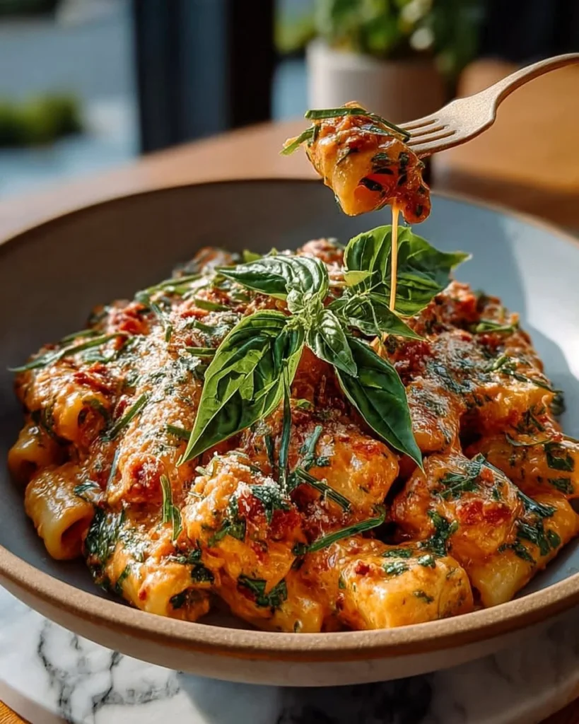 Creamy tomato garlic pasta garnished with fresh basil in a white bowl