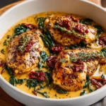 Creamy Tuscan Garlic Chicken served on a plate with herbs and spices.