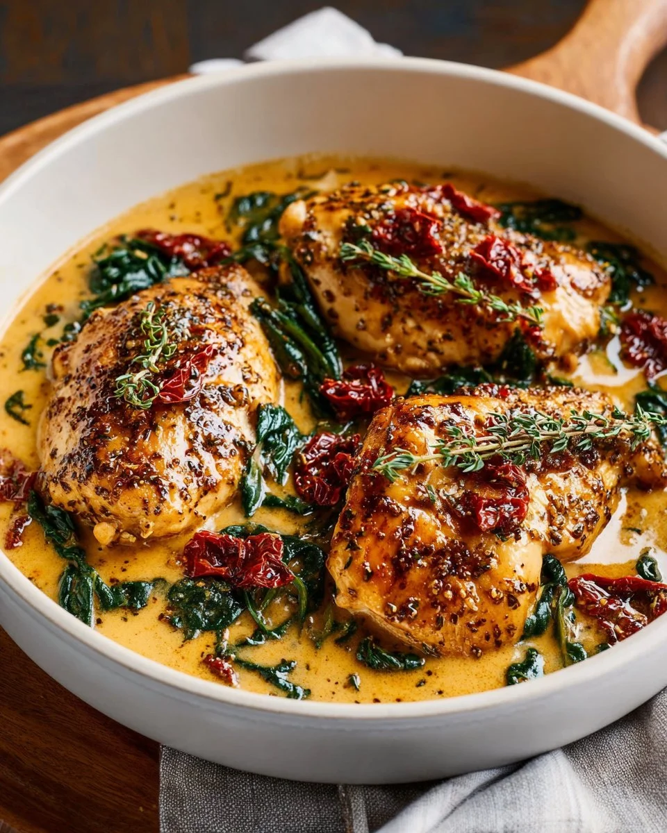 Creamy Tuscan Garlic Chicken served on a plate with herbs and spices.