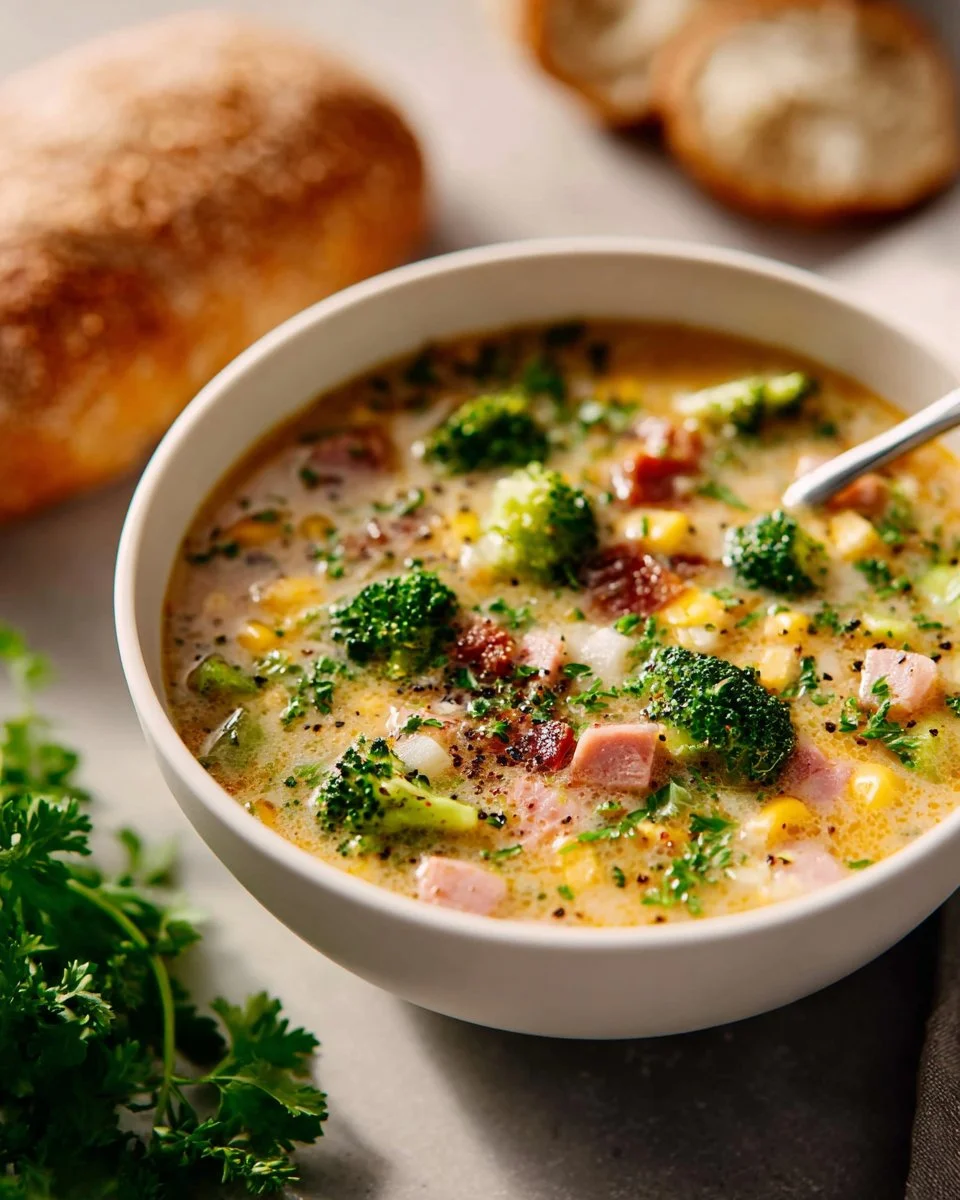 Creamy vegetable soup filled with vibrant vegetables and creamy goodness