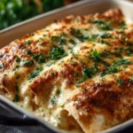 Delicious creamy white chicken enchiladas topped with cheese and sauce