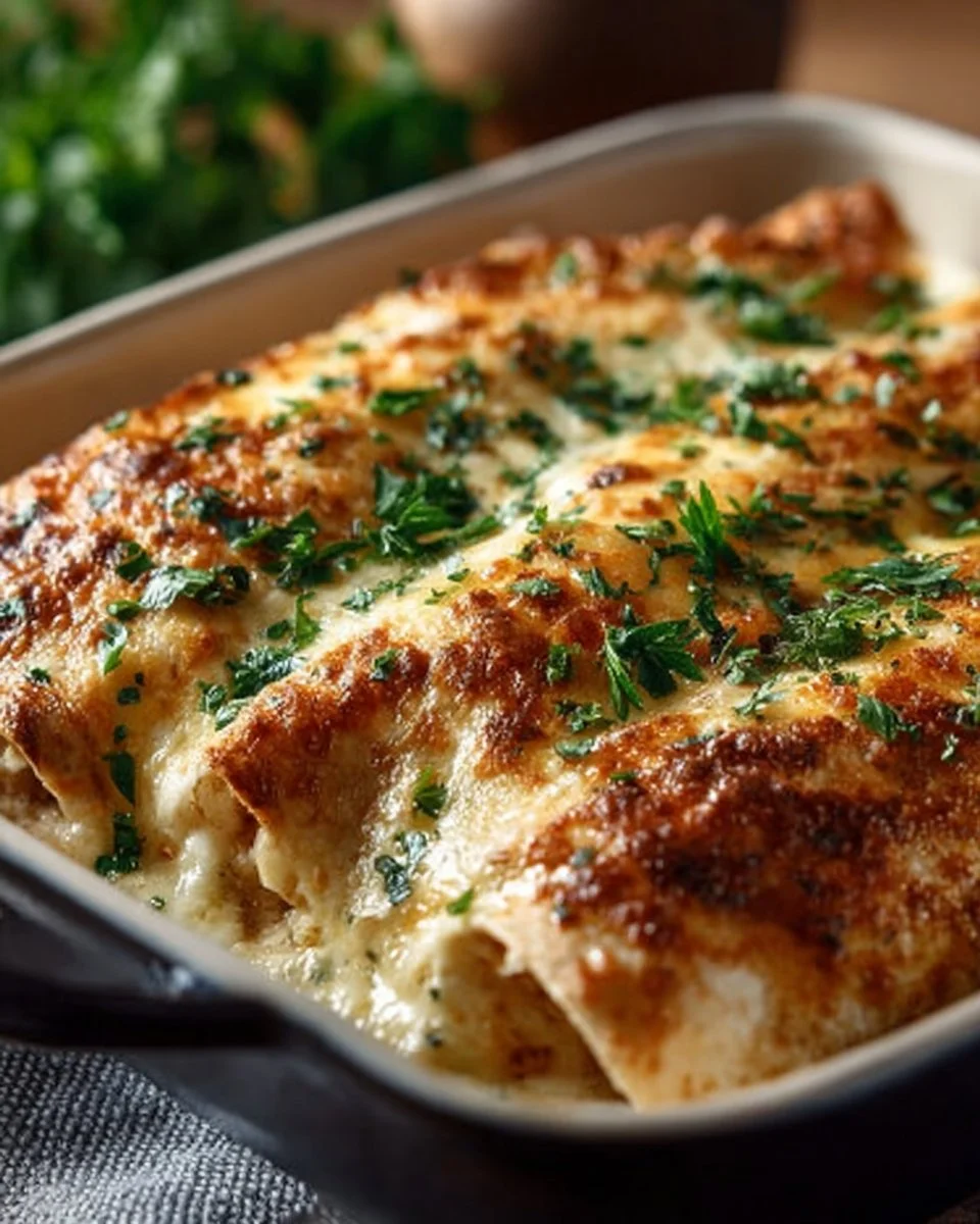 Delicious creamy white chicken enchiladas topped with cheese and sauce