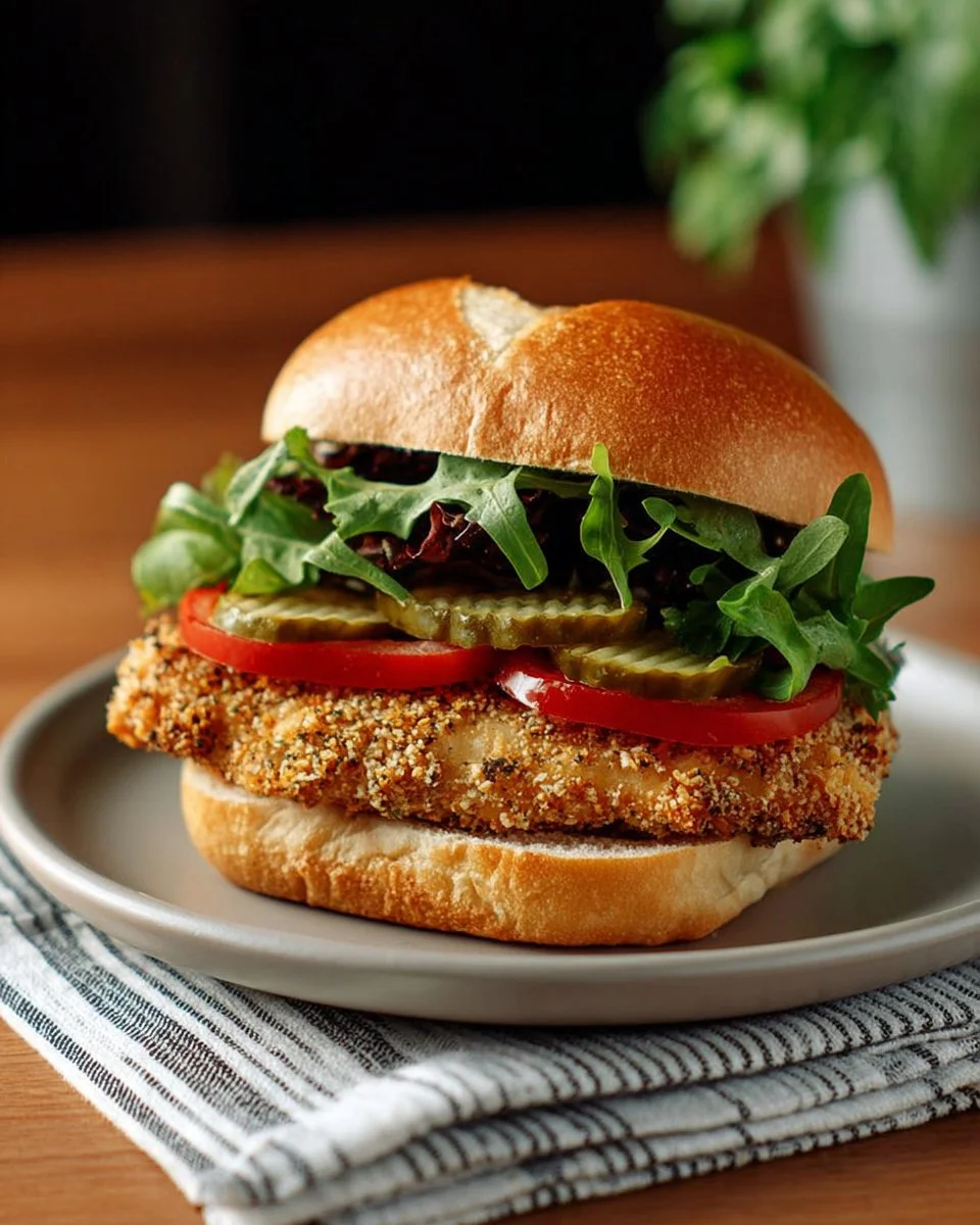Crispy pickle-brined chicken sandwich served with pickles and sauce