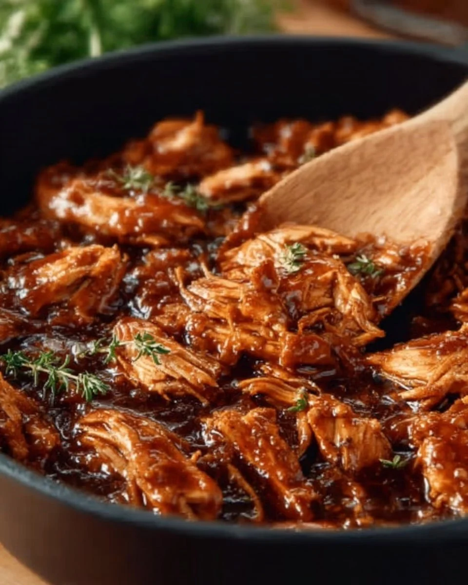 Crock Pot BBQ Pulled Chicken served on a plate with sauce and garnishes