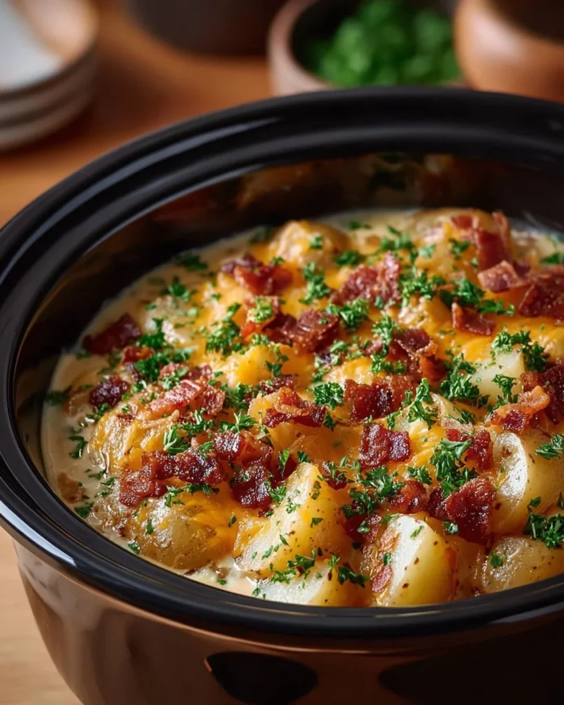Bowl of Crock Pot Crack Potato Soup garnished with green onions and cheese.