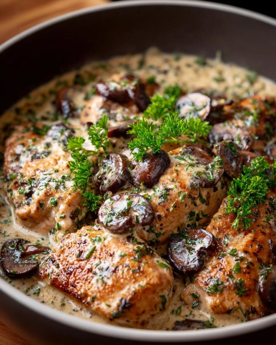Crock Pot Creamy Mushroom Chicken served with mushrooms and herbs