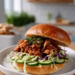 Crock Pot Shredded Chicken Sandwiches served with pickles and coleslaw
