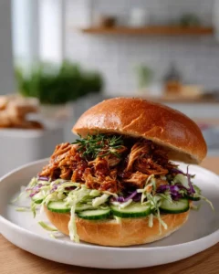 Crock Pot Shredded Chicken Sandwiches served with pickles and coleslaw
