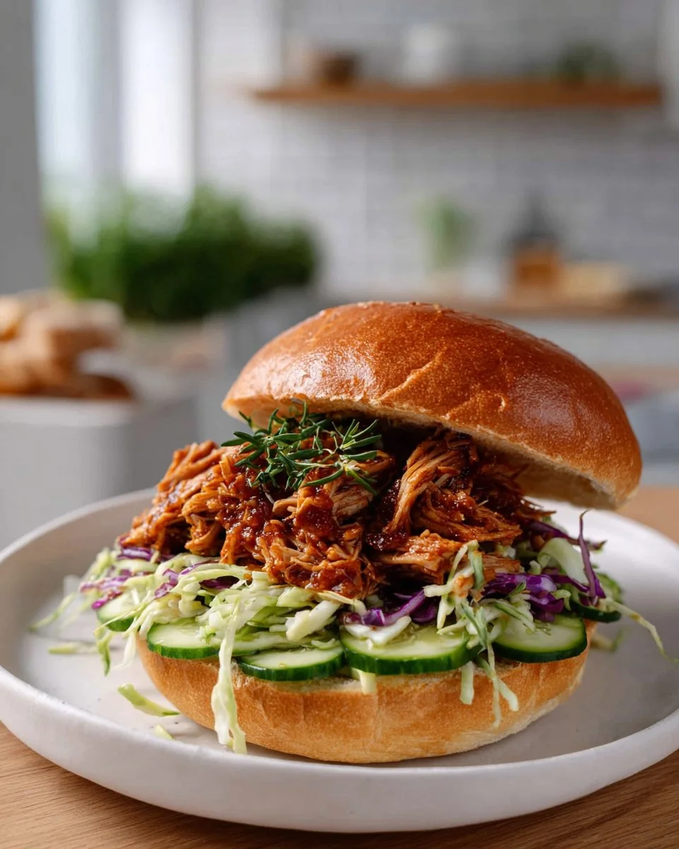 Crock Pot Shredded Chicken Sandwiches served with pickles and coleslaw