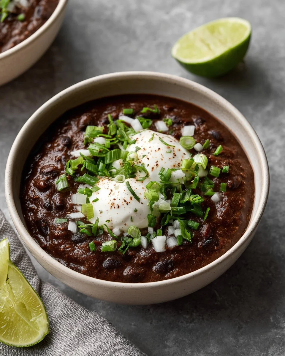 A bowl of Cuban Black Bean Soup garnished with fresh herbs and spices