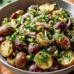 Delicious Dill Pickle Potato Salad served in a bowl with fresh herbs