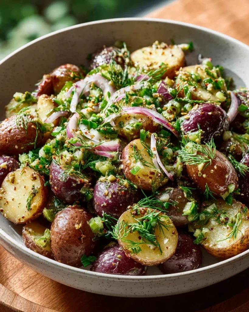 Delicious Dill Pickle Potato Salad served in a bowl with fresh herbs