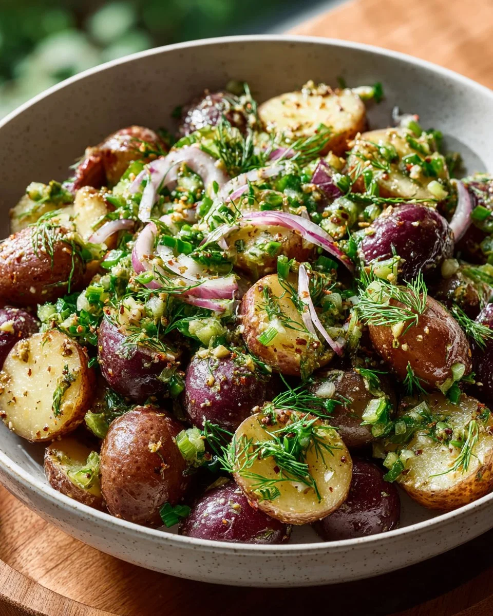 Delicious Dill Pickle Potato Salad served in a bowl with fresh herbs